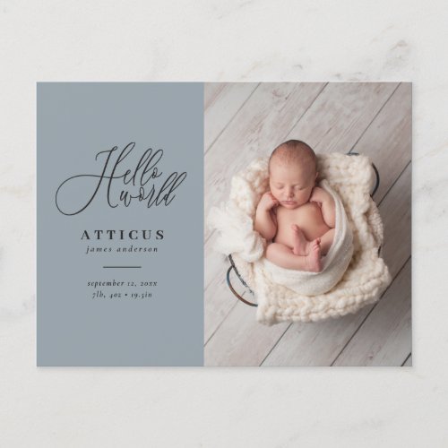 Hello world script text photo birth announcement