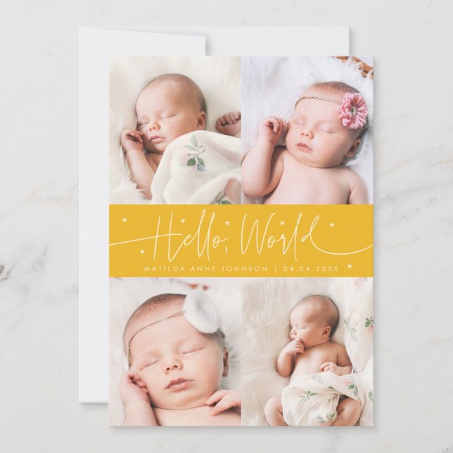 Hello World Script Yellow Multi Photo Birth Announcement (Front)