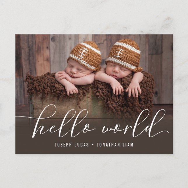 Hello World Twins Photo Birth Announcement Postcard (Front)