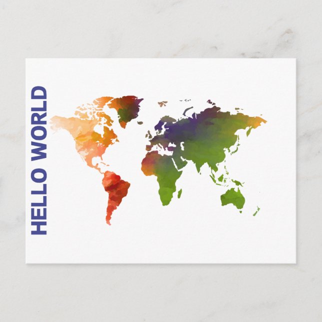 Hello World Watercolor World Map Art Postcard (Front)