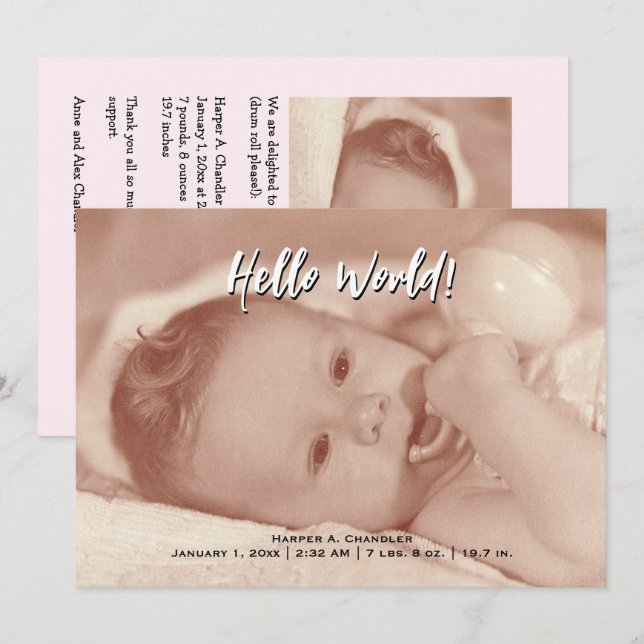 Hello World Your Text and Baby Photo Pink Template (Front/Back)
