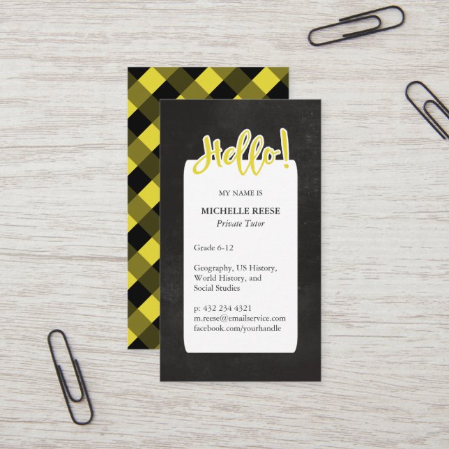 Hello! Yellow & Black Private Tutor Business Card (Front/Back In Situ)