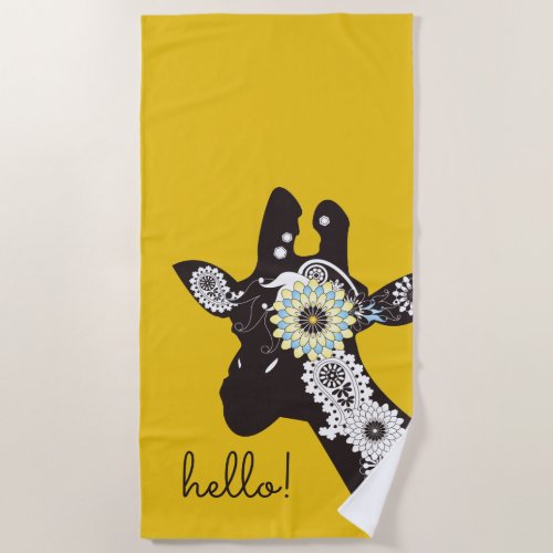 Hello _ Yellow Funky Cool Giraffe Beach Towel