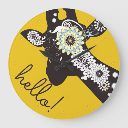 Hello _ Yellow Funky Cool Paisley Giraffe Large Clock