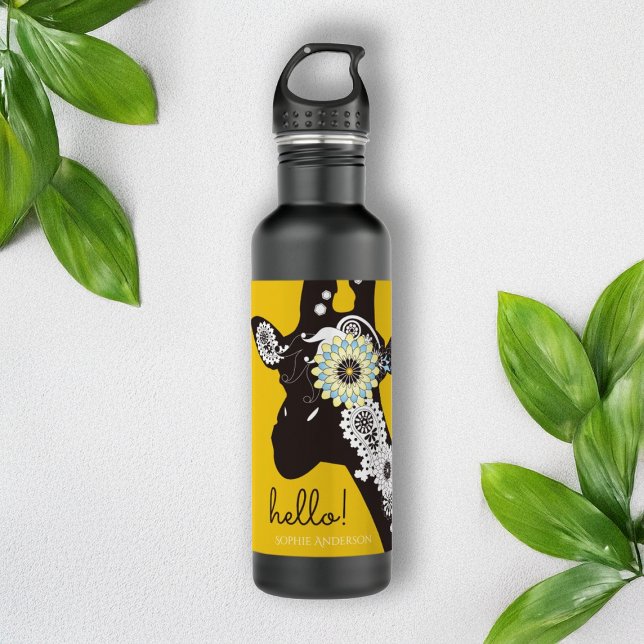 Hello! - Yellow Funky Cool Paisley Giraffe Stainless Steel Water Bottle (Creator Uploaded)