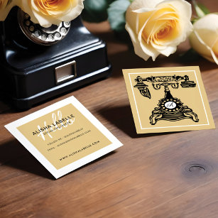 Hello   Yellow Gold Vintage Antique Phone Monogram Square Business Card