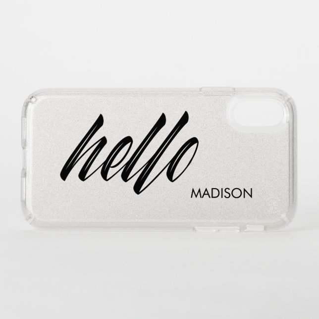Hello Your Name Chic Script Text Silver Glitter Speck iPhone XR Case (Front (Horizontal))