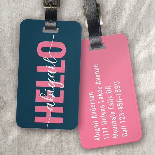 Hello Your Name Pink Blue Calligraphy Luggage Tag