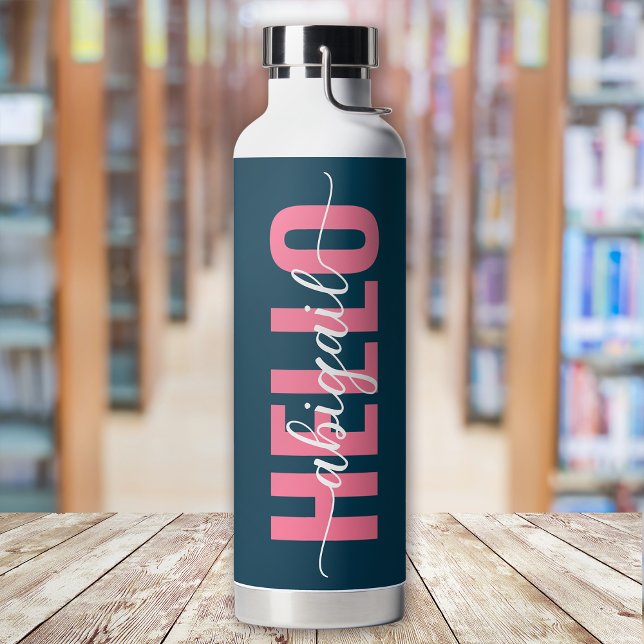 Hello Your Name Pink Blue Calligraphy Water Bottle (Creator Uploaded)