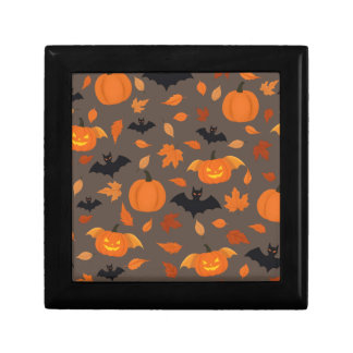 Helloween pattern | pumpkin, bat, autumn leaves. gift box