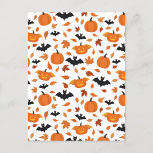 Helloween pattern pumpkin, bat, autumn leaves. holiday postcard