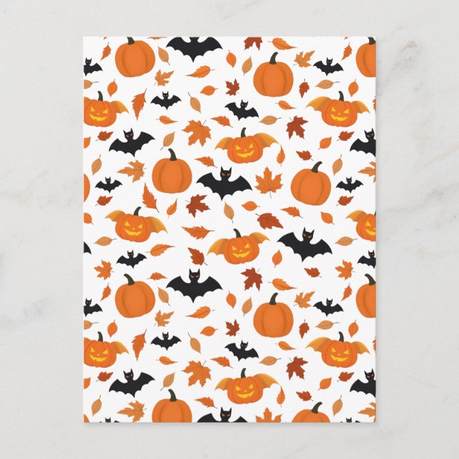 Helloween pattern | pumpkin, bat, autumn leaves. holiday postcard (Front)