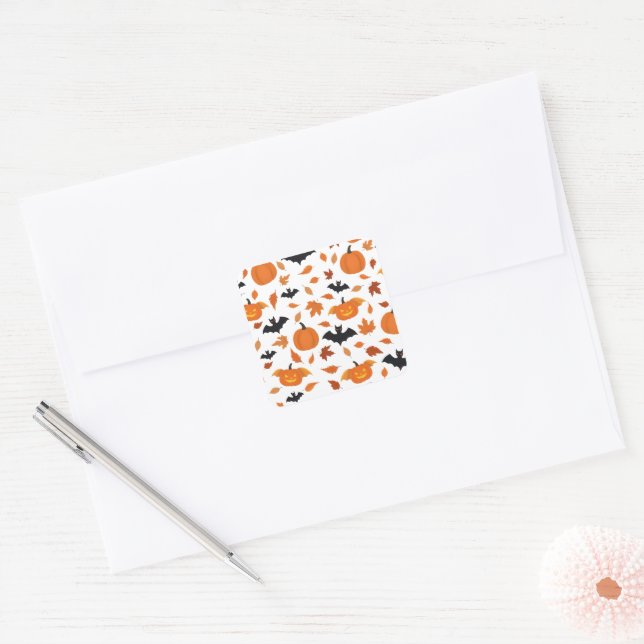 Helloween pattern | pumpkin, bat, autumn leaves. square sticker (Envelope)