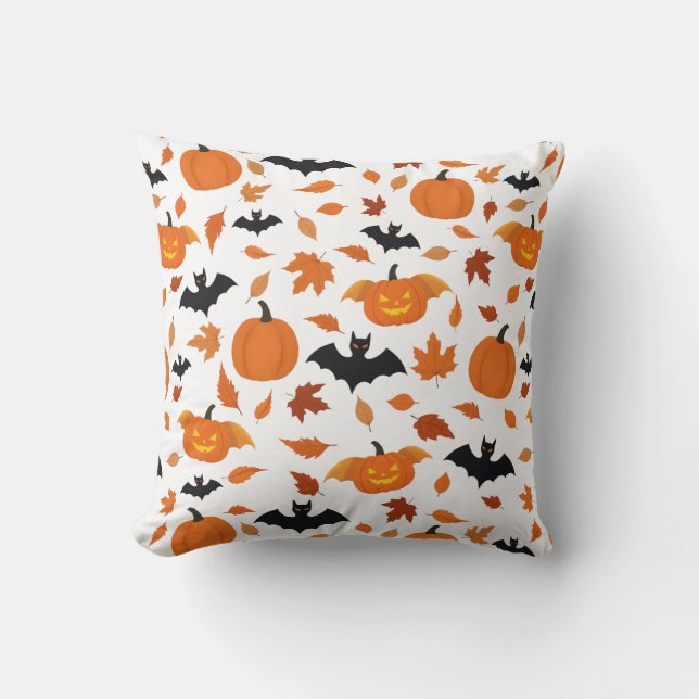 Helloween pattern | pumpkin, bat, autumn leaves. throw pillow (Front)
