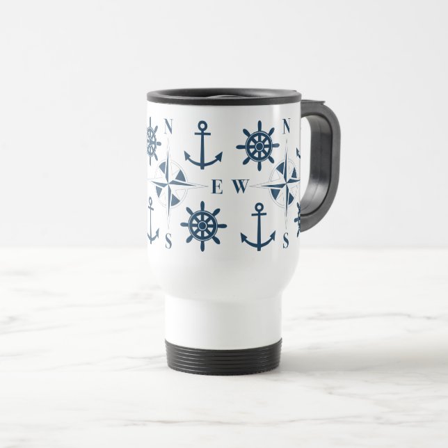 Helm Ship's Steering Anchors & Compass Navy White Travel Mug (Front Right)