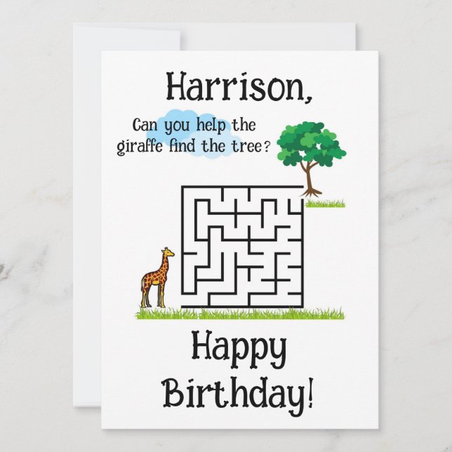 Help giraffe find tree birthday maze puzzle card (Front)