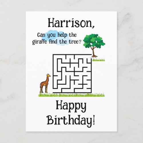 Help giraffe find tree birthday maze puzzle postcard