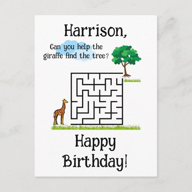 Help giraffe find tree birthday maze puzzle postcard (Front)