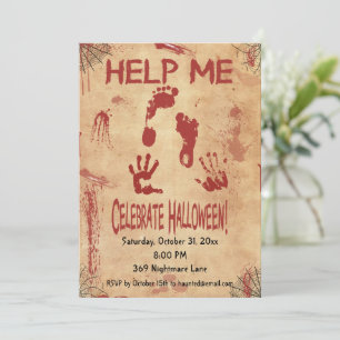 HELP ME Bloody Footprint & Handprint Halloween  Invitation