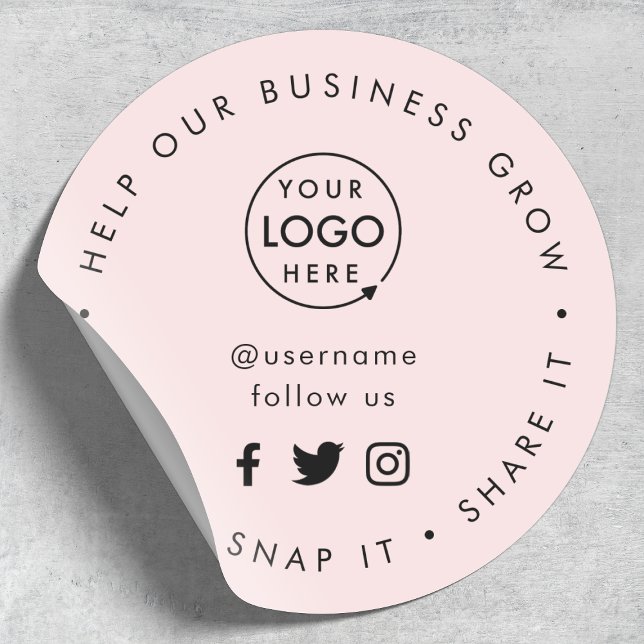 Help our Business Grow Social Media Followers Pink Classic Round Sticker (Editable "Help our business grow" social media icon sticker branded with your business logo)