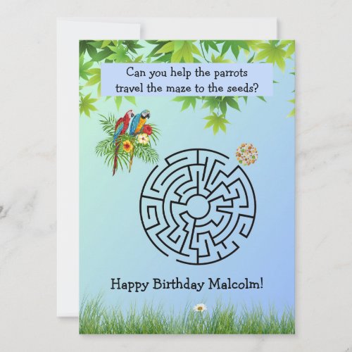 Help parrots travel maze on birthday card for kids