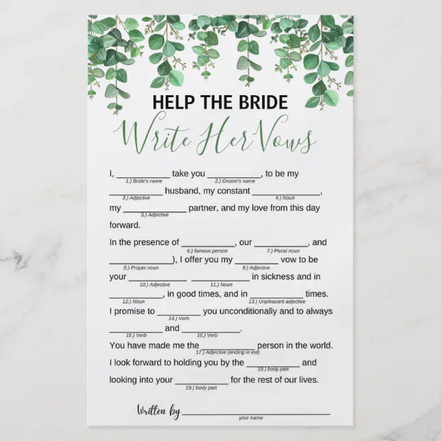 Help the Bride Write Her Vows Bridal Shower Game Flyer | Zazzle