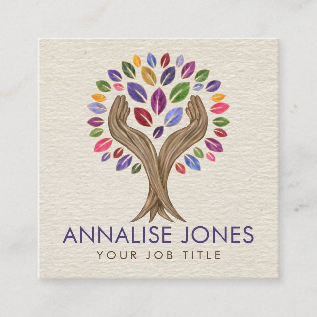 Helping Hands Tree - watercolor leaves Square Business Card (Front)