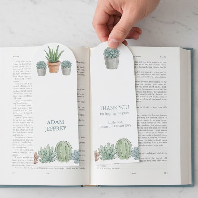 Helping Me Grow Succulent Teacher Double-Sided Bookmarks (Personalized bookmark with succulents and "thank you for helping me grow" message by Darling & May)