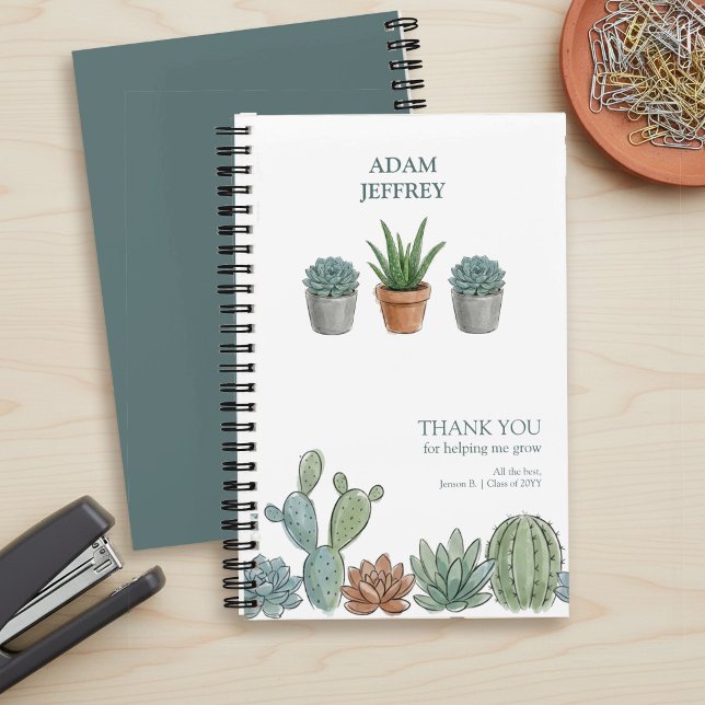 Helping Me Grow Succulent Watercolor Teacher Notebook (Personalized notebook with succulents and "thank you for helping me grow" message by Darling & May)