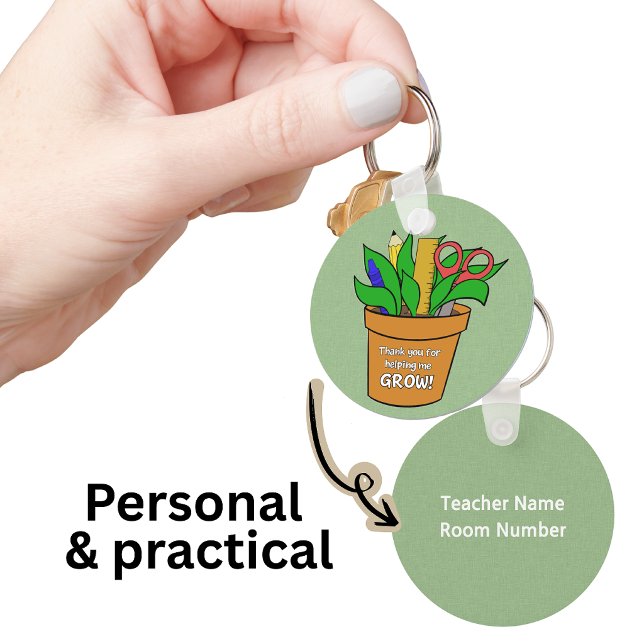 Helping Me Grow Teacher Gift Metal Keychain (A personal keychain with their name, room number and reminder of the important work they do!)
