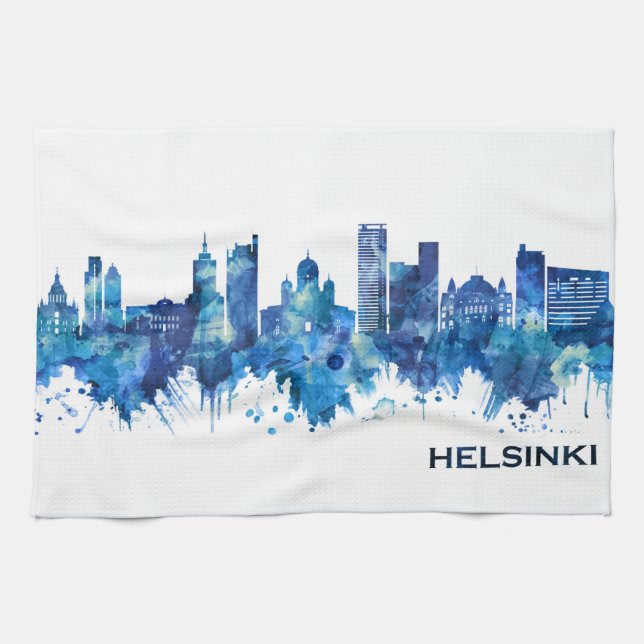 Helsinki Finland Skyline Blue Kitchen Towel (Horizontal)
