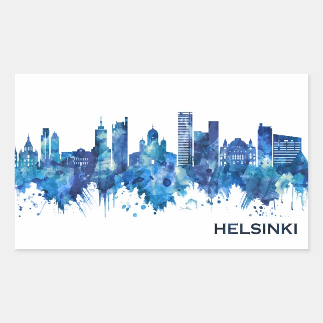 Helsinki Finland Skyline Blue Rectangular Sticker (Front)