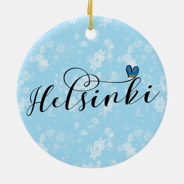 Helsinki Flag In Heart, Finland Ceramic Ornament (Back)
