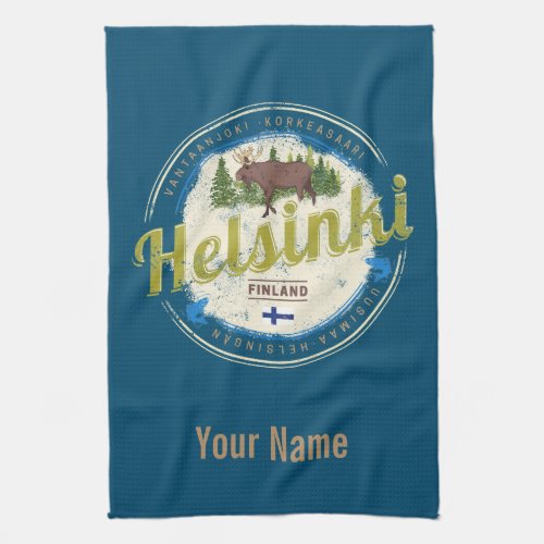 Helsinki moose capital of Finland vintage souvenir Kitchen Towel