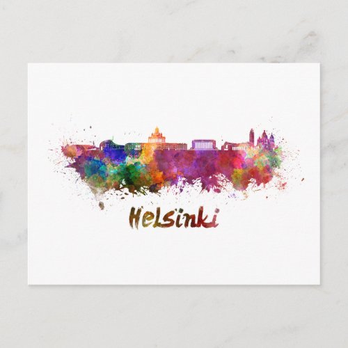 Helsinki skyline in watercolor postcard