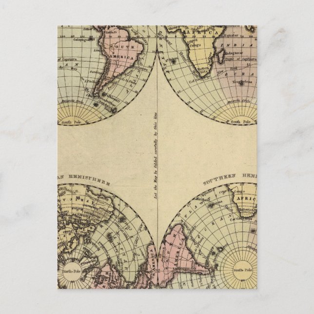 Hemispheres Hand Colored Atlas Map Postcard (Front)