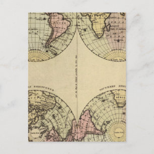 Hemispheres Hand Colored Atlas Map Postcard