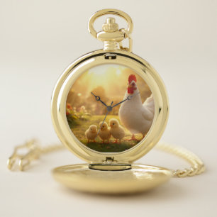 Hen and Chicks Cute Chicken Family clock Pocket Watch