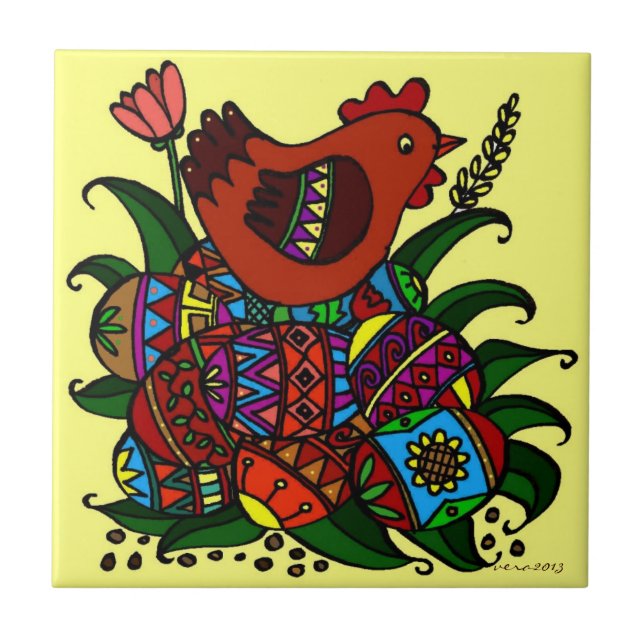 Hen and Pysanky Ukrainian Folk Art Ceramic Tile (Front)