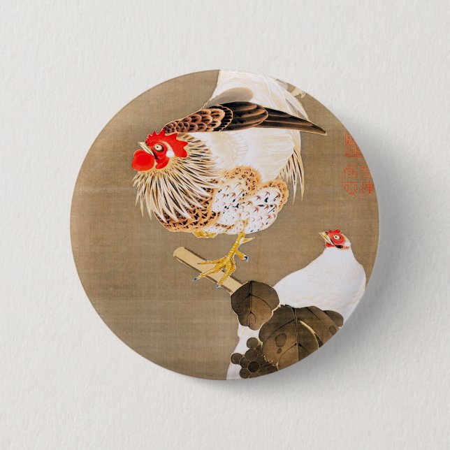 Hen and Rooster with Grapevine by Ito Jakuchu Button (Front)