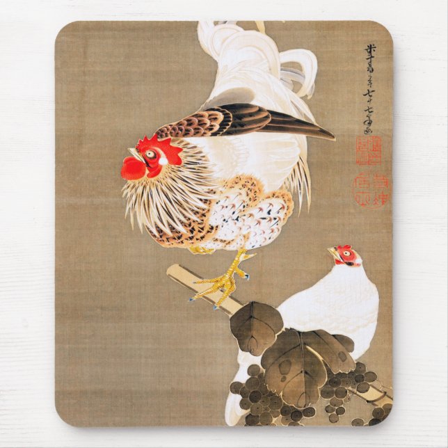 Hen and Rooster with Grapevine by Ito Jakuchu Mouse Pad (Front)