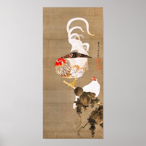 Hen and Rooster with Grapevine by Ito Jakuchu Poster