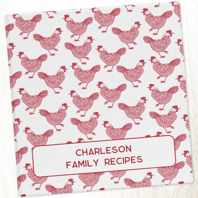 Hen Chicken Farmhouse Pattern 3 Ring Binder (Red and white chicken hen pattern personalized custom text 3 ring binder for family recipes or other)
