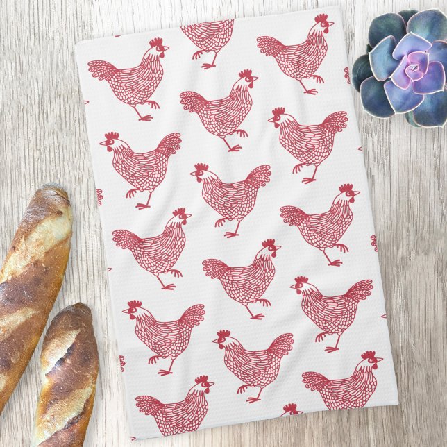 Hen Chicken Pattern Red and White Kitchen Towel (Hen chicken red and white pattern kitchen towel)