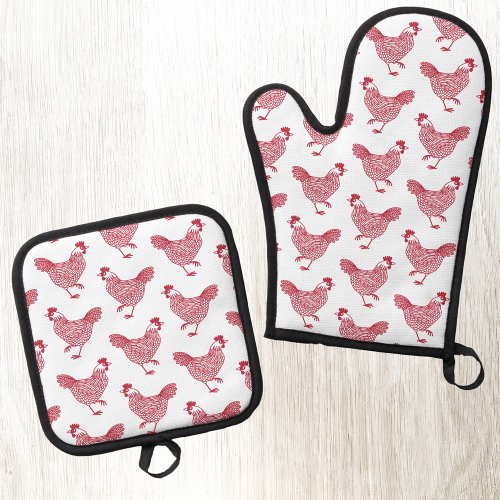 Hen Chicken Red and White Oven Mitt  Pot Holder Set