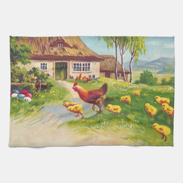 Hen, Chickens and Easter Eggs Kitchen Towel (Horizontal)