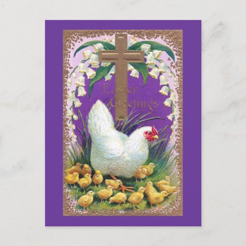 Hen Chicks and Cross Vintage Easter Holiday Postcard