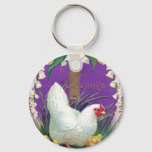 Hen, Chicks and Cross Vintage Easter Keychain