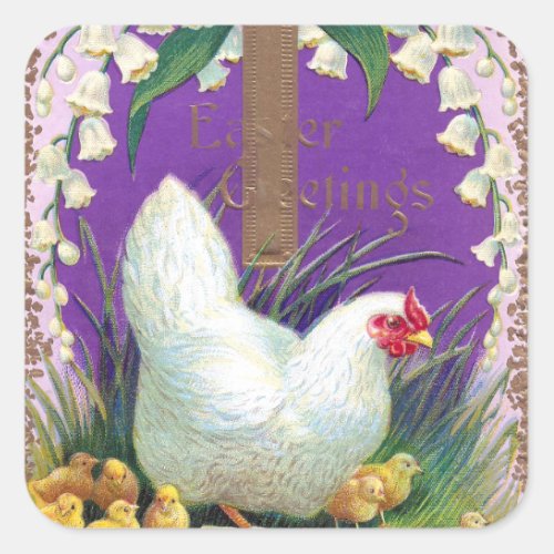 Hen Chicks and Cross Vintage Easter Square Sticker