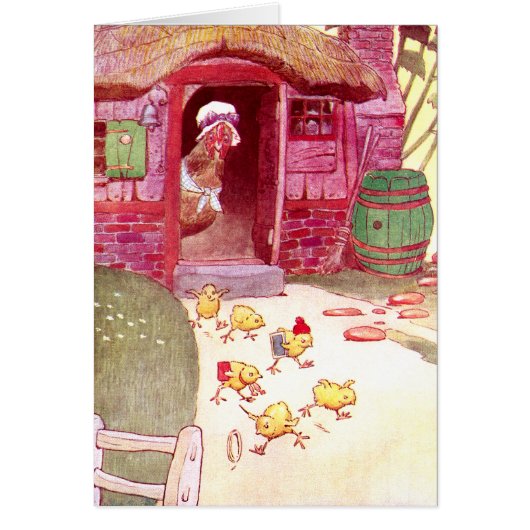 Hen in Pink House Watching Chicks Cards (Front)